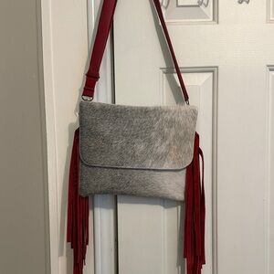 Gray and Red Fringe Shoulder Bag